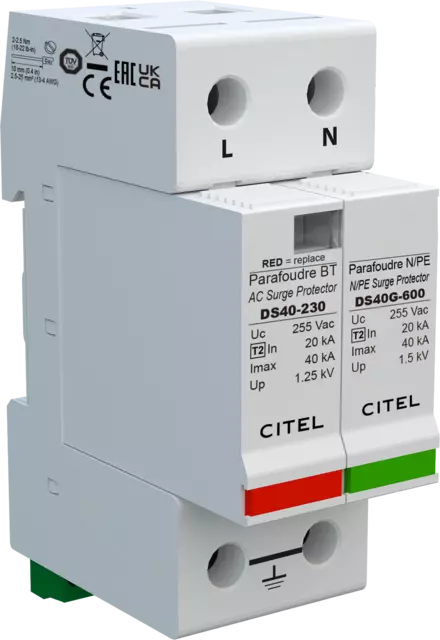 DPS monofásico, Tipo 2, Imax 40kA, módulo enchufable, señalización remota, protección MC/MD, configuración 1+1 DS42S-230/G