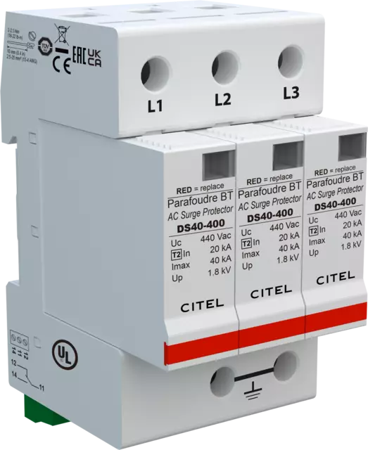 DPS trifásico, Tipo 2, Imax 40kA, módulo enchufable, señalización remota, protección MC, configuración 3+0 DS43S-400