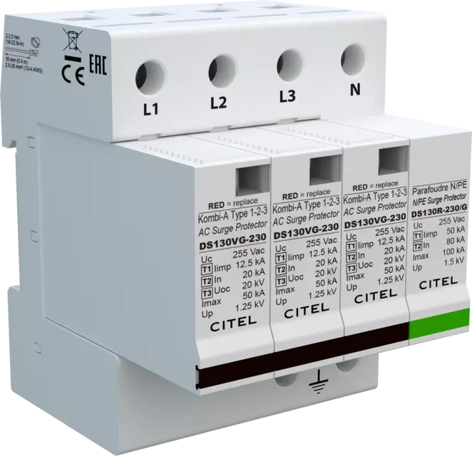 DPS trifásico+neutro 230/400V, Tipo 1, Iimp 12,5kA, módulo enchufable, protección MC/MD, configuración 3+1, tecnología VG