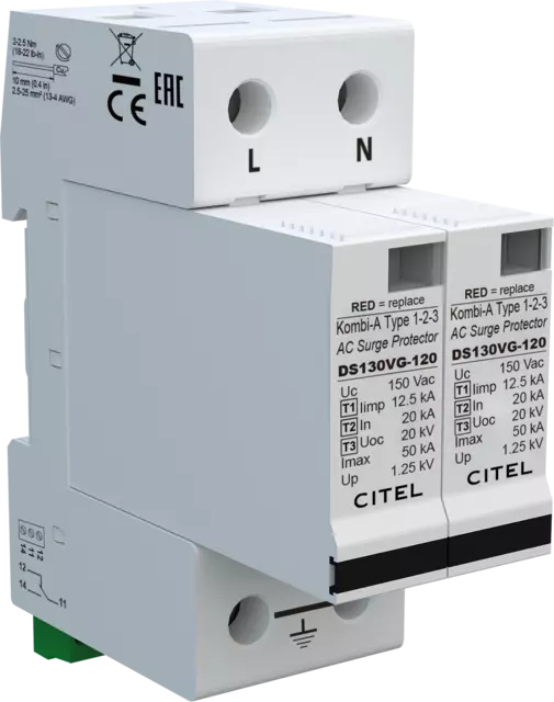 DPS monofásico 120/208V, Tipo 1, Iimp 12,5kA, señalización remota, módulo enchufable, protección MC, configuración 2+0, tecnología VG