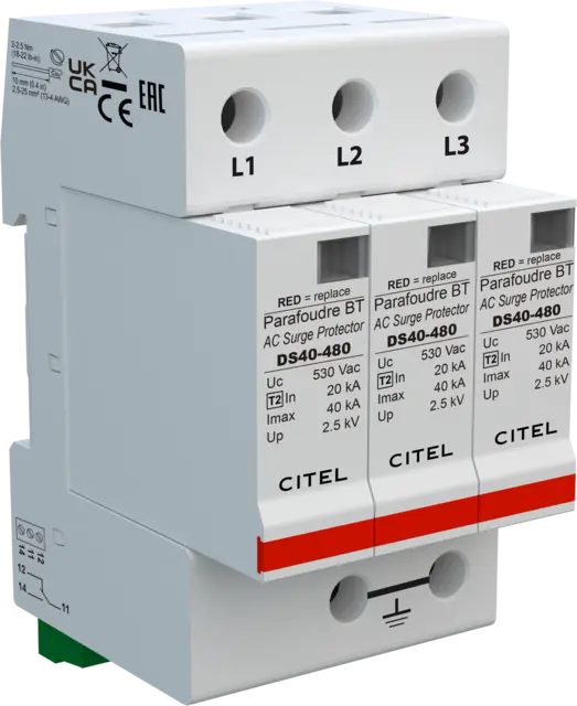 DPS trifásico, Tipo 2, Imax 40kA, protección MC, señalización remota, configuración 3+0, Uc 530Vac