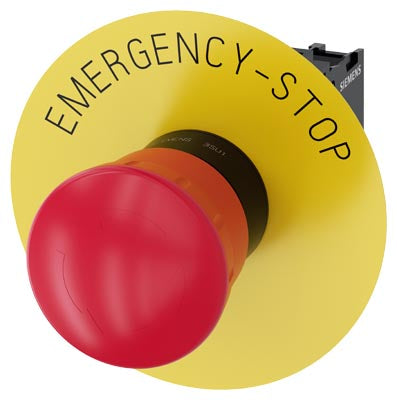 Pulsador tipo hongo 2 posiciones mantenidas, girar para desbloquear, color rojo 1NC, con marca "Emergency Stop", diámetro 22mm