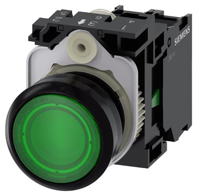 Pulsador iluminado LED color verde 24V AC/DC, momentaneo rasante 1NA, plástico diametro 22mm