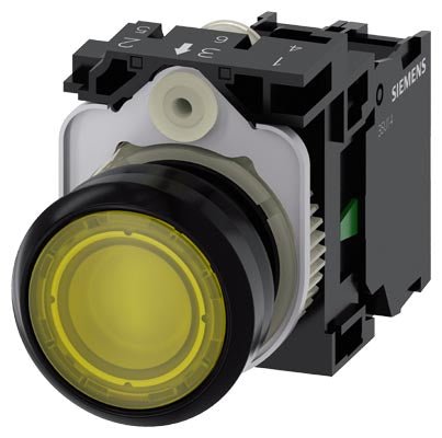Pulsador iluminado LED color amarillo 110V AC, momentáneo rasante 1NA, plástico diámetro 22mm