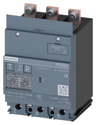 Interruptor diferencial Tipo A, Sensibilidad 0,03…5A, con ajuste de retardo, 3 polos, In=160 A, montaje inferior, compatible con 3VA11