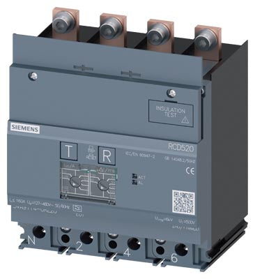 Interruptor diferencial Tipo A, Sensibilidad 0,03…5A, con ajuste de retardo, 4 polos, In=160 A, montaje inferior, compatible con 3VA11