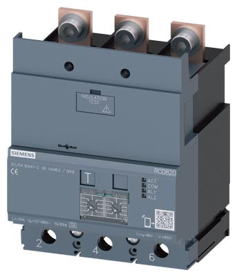 Interruptor diferencial Tipo A, Sensibilidad 0,03…30A, con ajuste de retardo, 3 polos, In=160 A, montaje inferior, compatible con 3VA 20/21