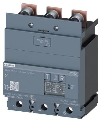 Interruptor diferencial Tipo A, Sensibilidad 0,03…5A, con ajuste de retardo, 3 polos, In=250 A, montaje inferior, compatible con 3VA12