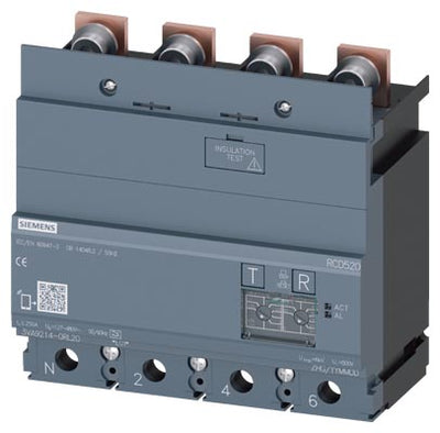 Interruptor diferencial Tipo A, Sensibilidad 0,03…5A, con ajuste de retardo, 4 polos, In=250 A, montaje inferior, compatible con 3VA12