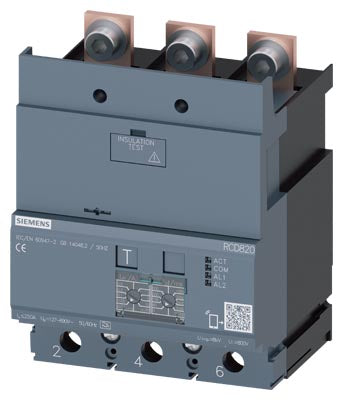 Interruptor diferencial Tipo A, Sensibilidad 0,03…30A, con ajuste de retardo, 3 polos, In=250 A, montaje inferior, compatible con 3VA22