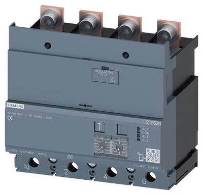 Interruptor diferencial Tipo A, Sensibilidad 0,03…30A, con ajuste de retardo, 4 polos, In=250 A, montaje inferior, compatible con 3VA22