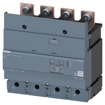 Interruptor diferencial Tipo A, Sensibilidad 0,03…30A, con ajuste de retardo, 4 polos, In=630 A, montaje inferior, compatible con 3VA24