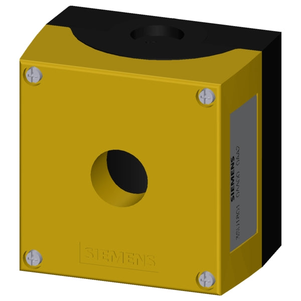 Caja para aparatos de mando, 22 mm, redondo, caja de plástico, parte superior de la caja en amarillo, 1 punto de mando de plástico, punto de mando central, sin equipamiento