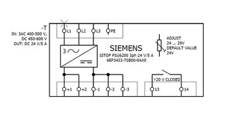 Fuente de alimentación Sitop PSU6200 Entrada: 400-500 VAC 450-600 VDC Salida: 24 VDC/5 A