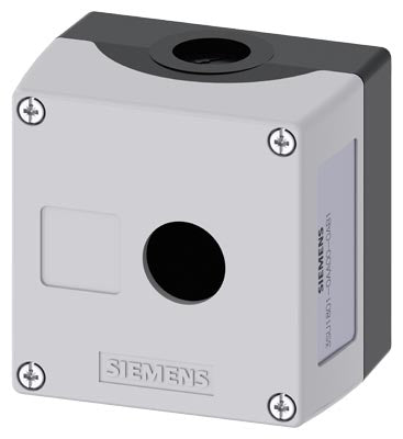 Caja para aparatos de mando, 22 mm, circular, caja de plástico, semicaja superior de color gris, 1 punto de mando de plástico, rebaje para plaquita de inscripción, sin equipamiento