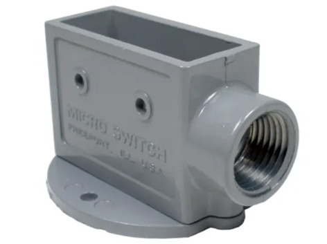 Caja de montaje 3PA1 para Microinterruptor, zinc fundido, orificios Ø3,55 mm en centros de 25,4 mm, entrada roscada 1/2-14 NPT, IP40, color gris.